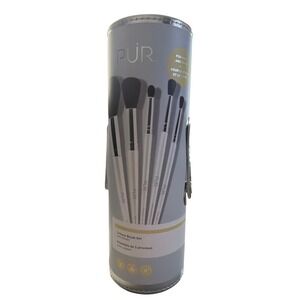 PUR Cosmetics 5-Piece Makeup Brush Set with Travel Case Holder Silver White New